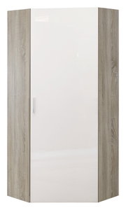 Eckkleiderschrank mit weißer Hochglanztür und Holzoptik-Seiten, Frontalansicht