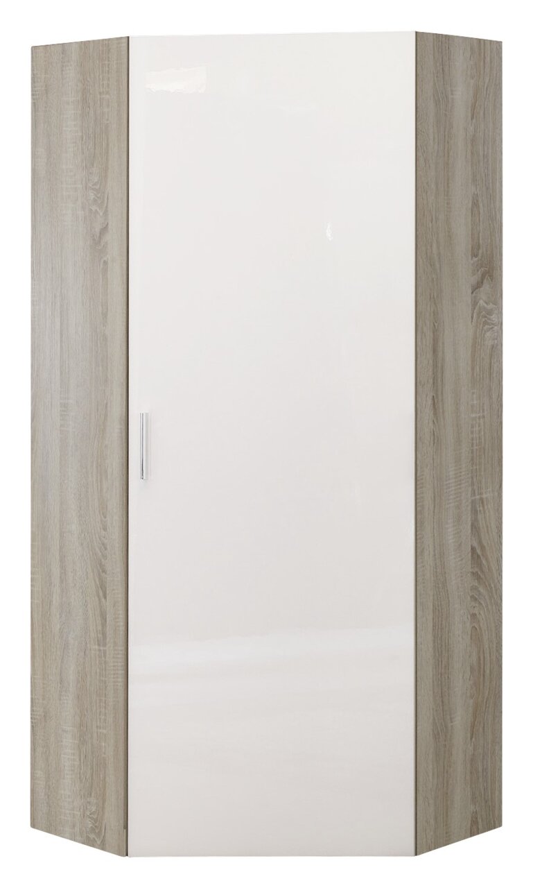 Hoekkast met witte hoogglansdeur en zijkanten in houtlook, vooraanzicht