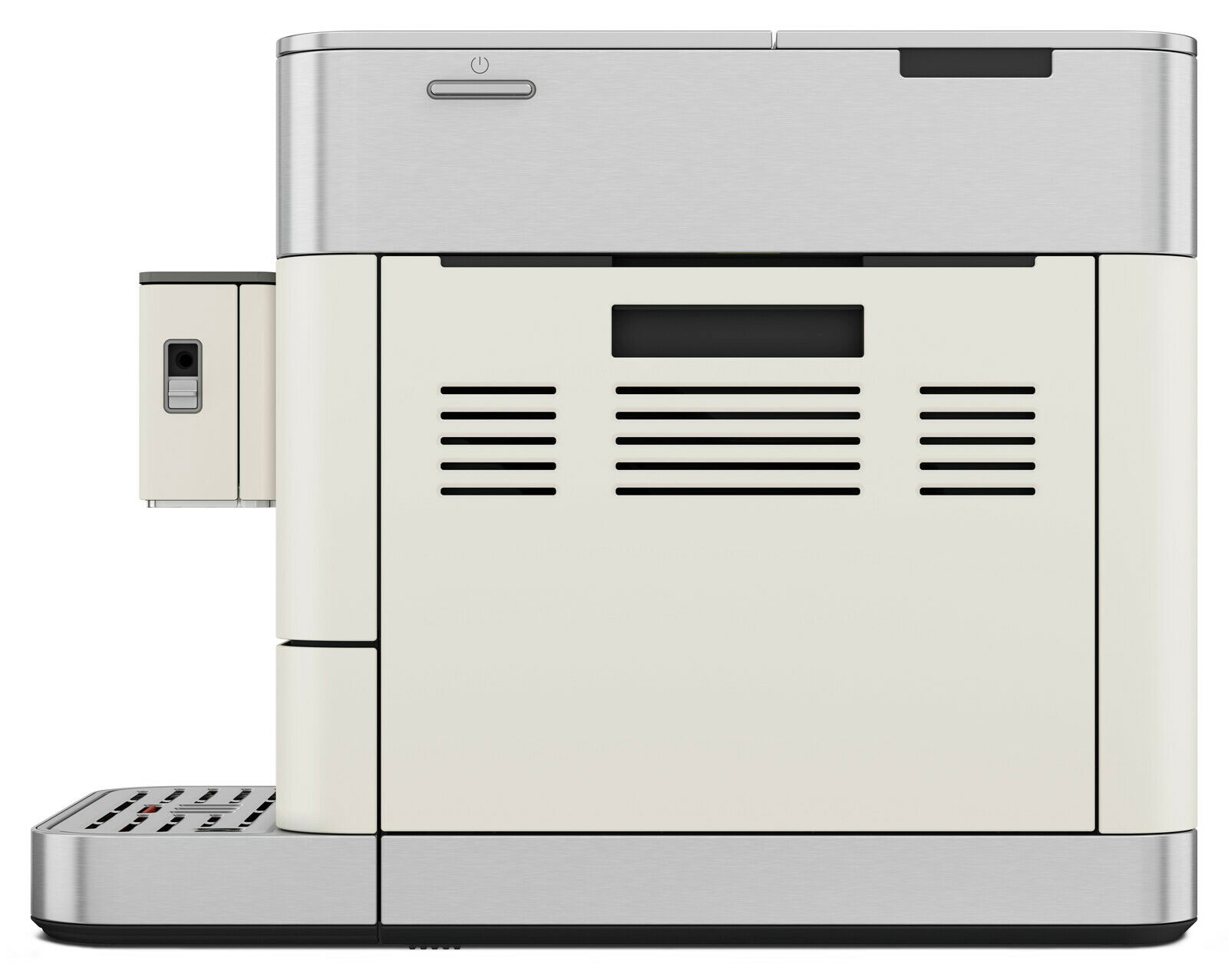 Seitenansicht eines modernen Kaffeevollautomaten in Edelstahl und Weiß mit klaren Linien und einem minimalistischen Design.