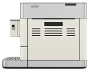 Seitenansicht eines modernen Kaffeevollautomaten in Edelstahl und Weiß mit klaren Linien und einem minimalistischen Design.