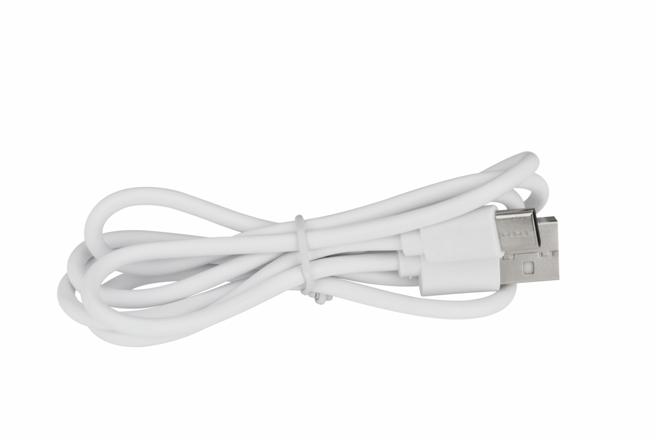 Weißes USB-Kabel, zusammengerollt, seitliche Perspektive
