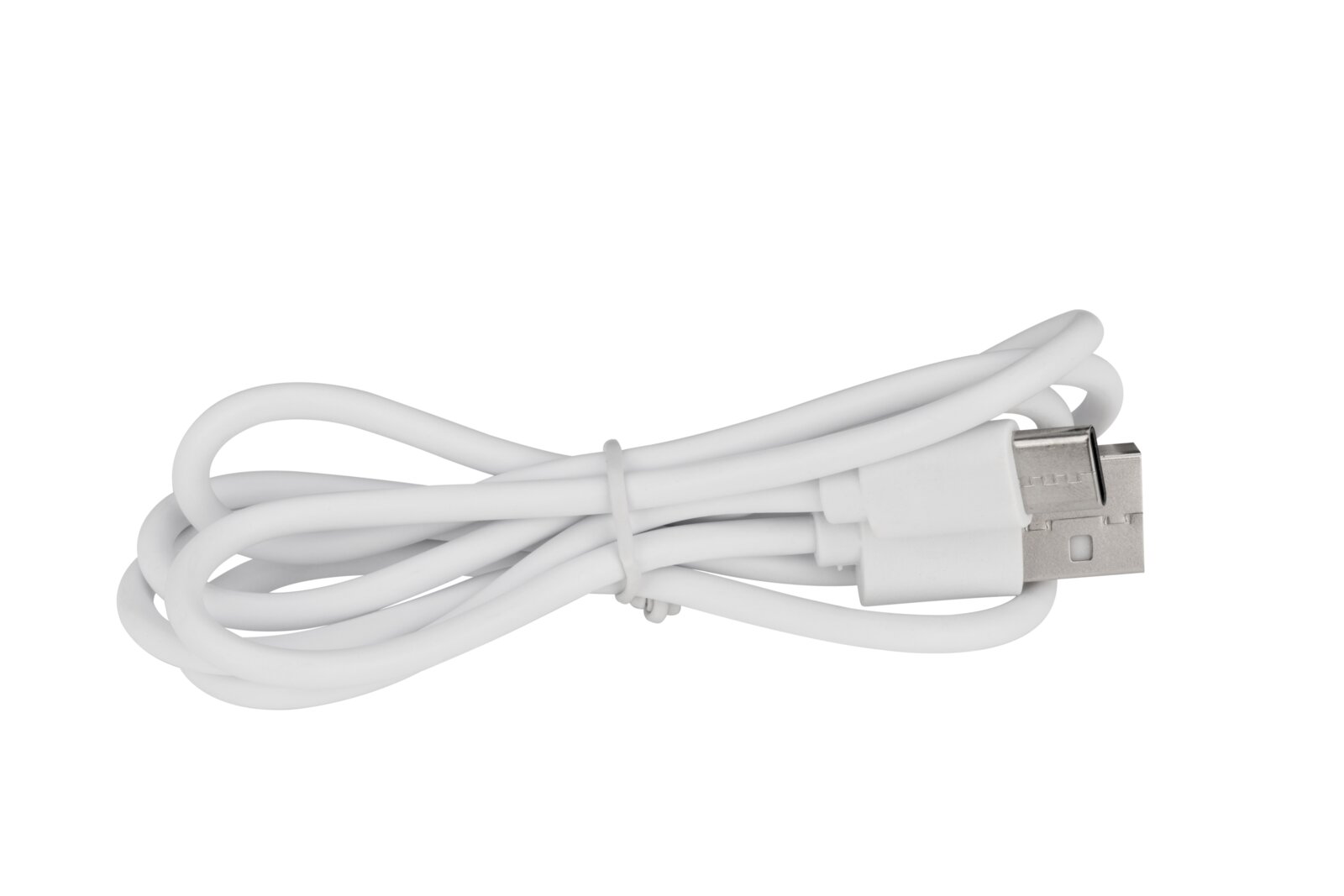 Weißes USB-Kabel, zusammengerollt, seitliche Perspektive