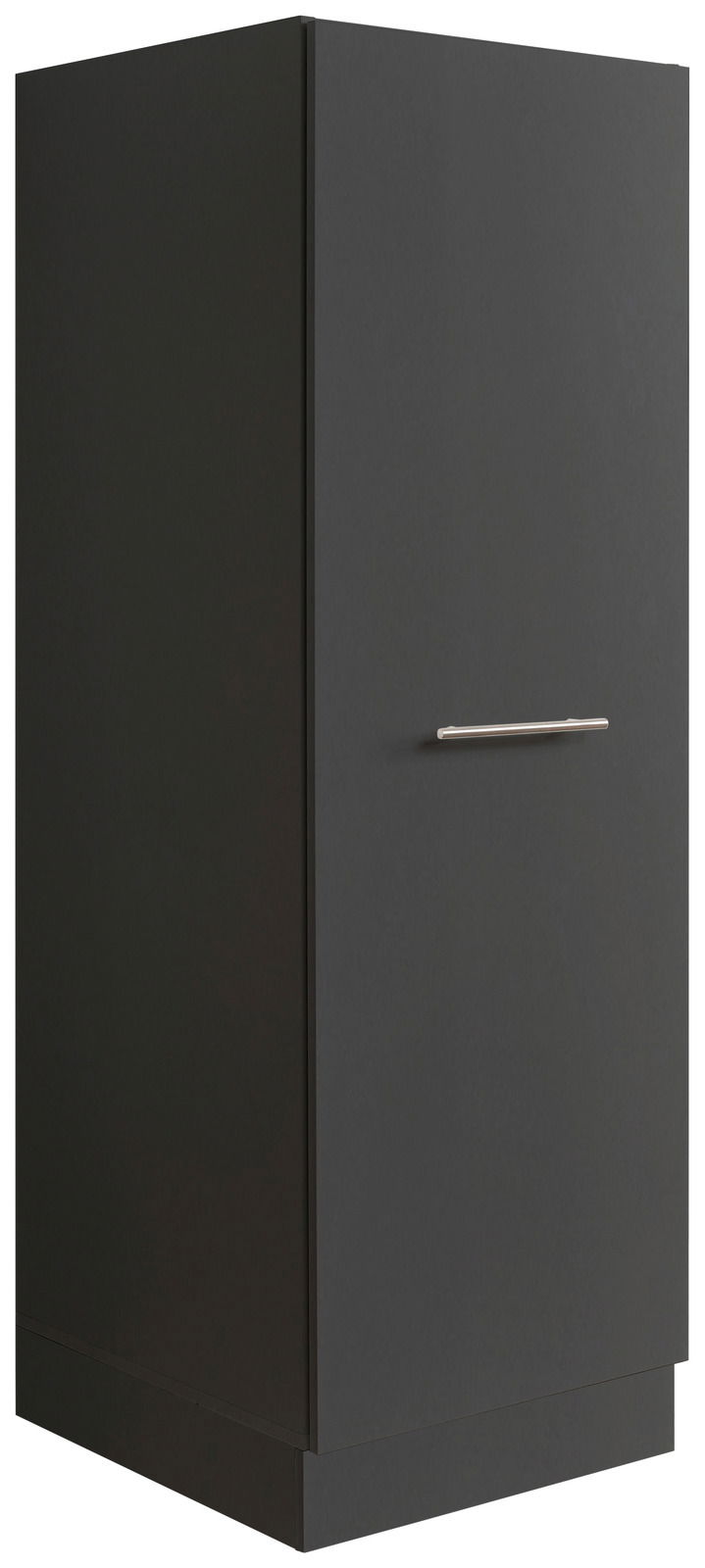 Schwarzer Hochschrank mit silbernem Griff, seitliche Perspektive