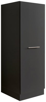 Schwarzer Hochschrank mit silbernem Griff, seitliche Perspektive