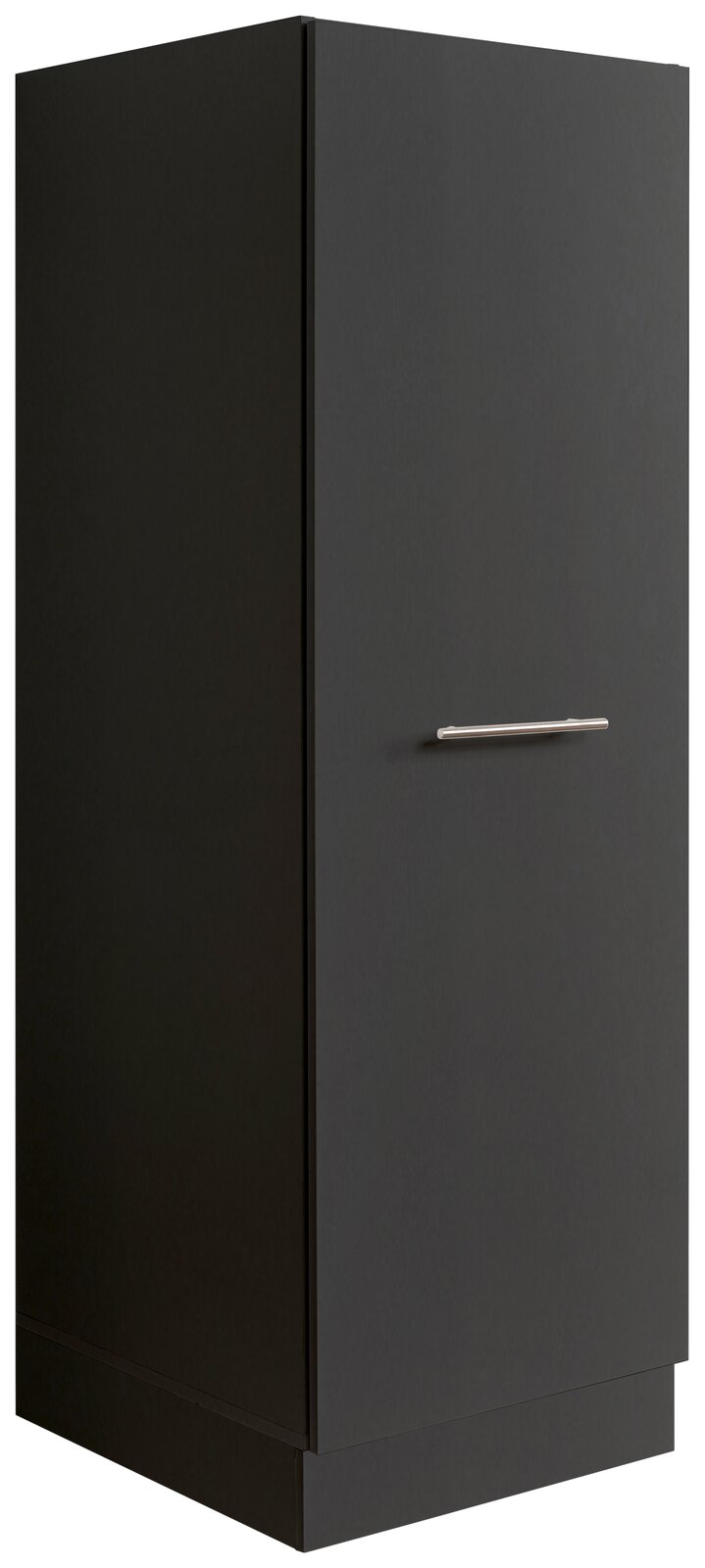 Schwarzer Hochschrank mit silbernem Griff, seitliche Perspektive