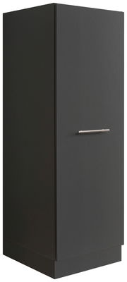 Schwarzer Hochschrank mit silbernem Griff, seitliche Perspektive