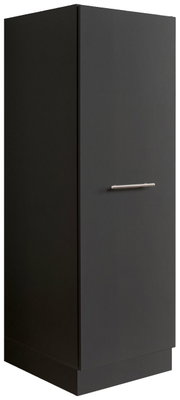Schwarzer Hochschrank mit silbernem Griff, seitliche Perspektive