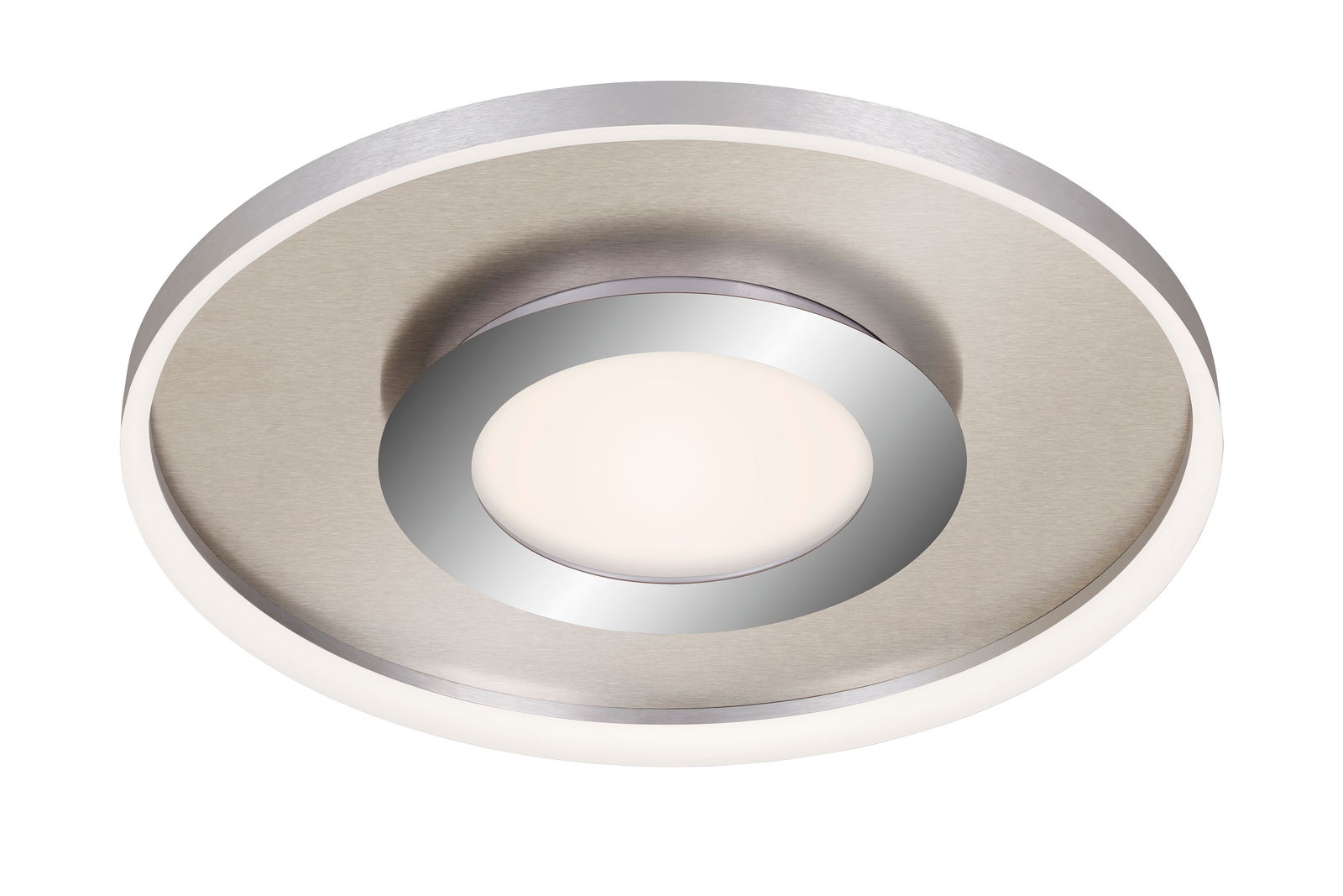 Moderne Deckenleuchte mit Mittellicht in silberner Optik, von unten betrachtet.