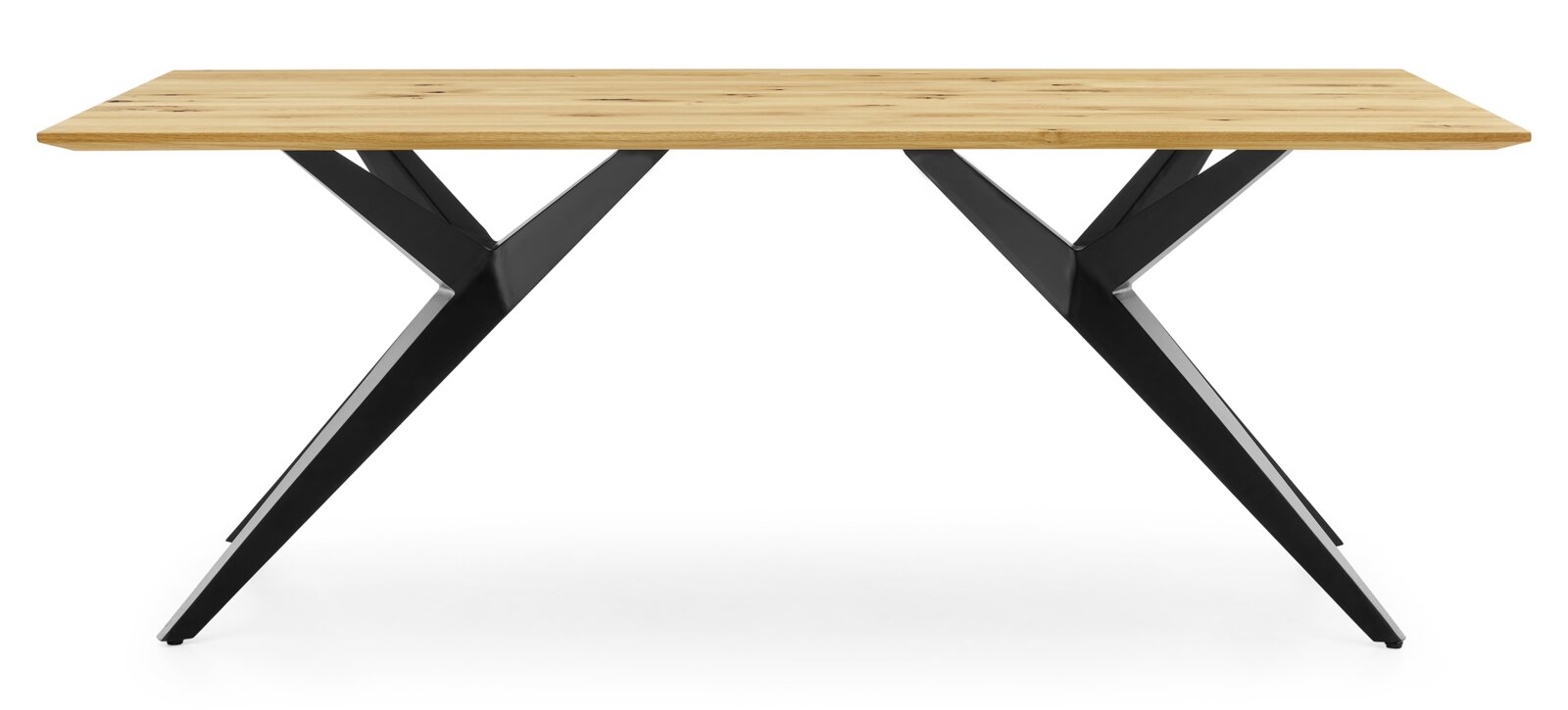 Moderner Esstisch mit Holzplatte und schwarzen Metallbeinen, seitliche Perspektive