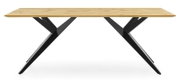 Moderner Esstisch mit Holzplatte und schwarzen Metallbeinen, seitliche Perspektive