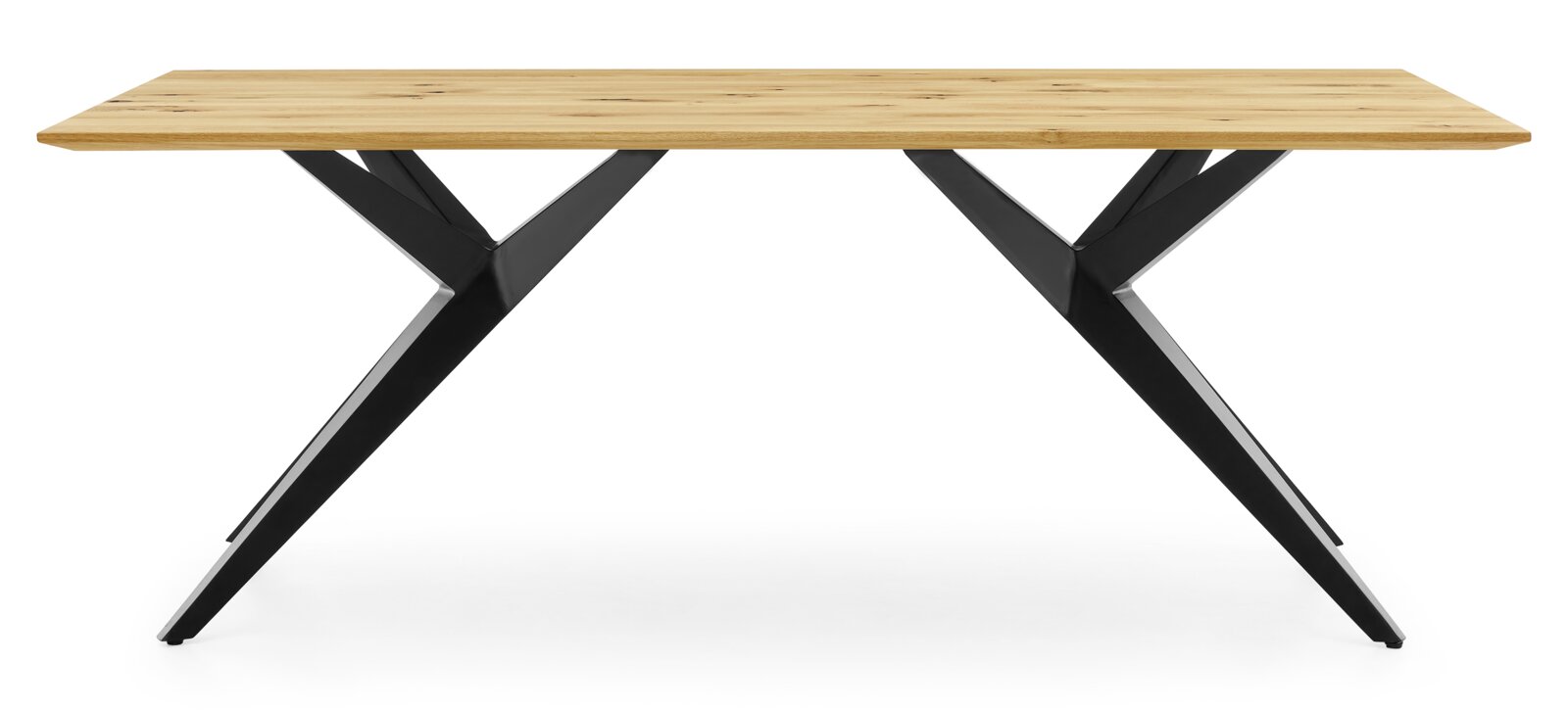 Moderne eettafel met houten blad en zwarte metalen poten, zijaanzicht
