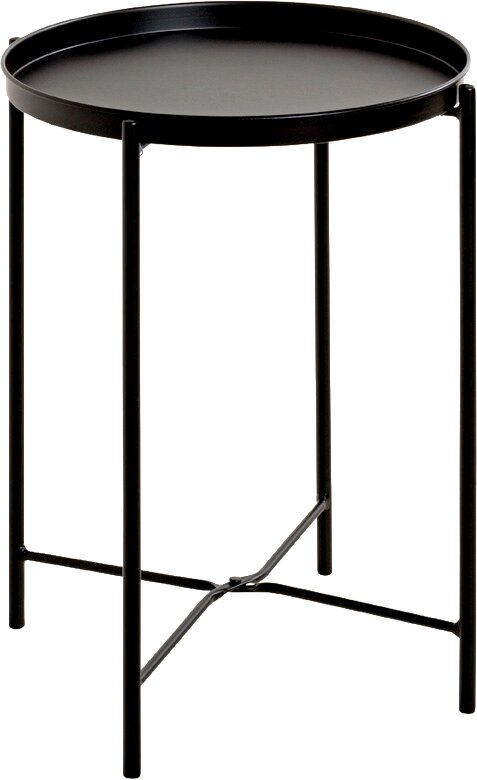 Zurbrüggen Beistelltisch Schwarzer runder Beistelltisch aus Metall mit erhöhtem Rand und schlanken Beinen, freigestellt auf weißem Hintergrund, in leichter Schrägansicht von vorne