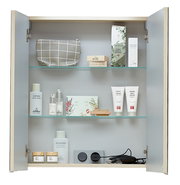 Offener Spiegelschrank mit Pflegeprodukten, von vorne betrachtet.