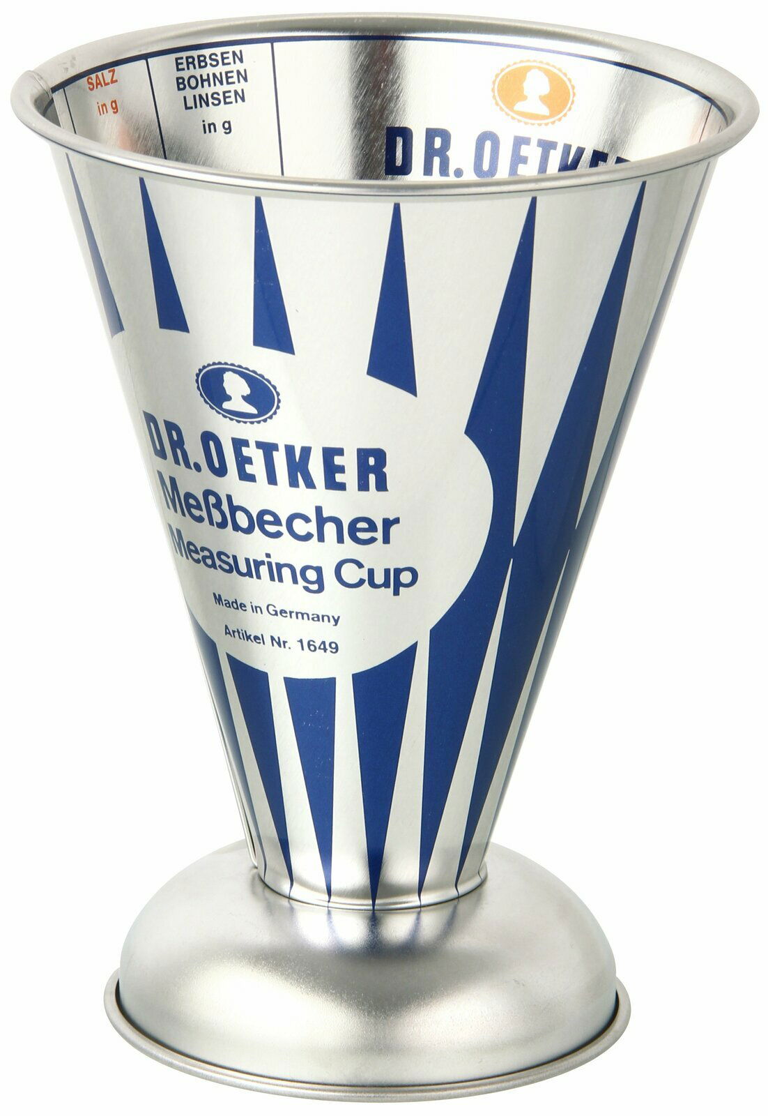 Nostalgischer 0,5L Messbecher aus Metall mit blauer und weißer Beschriftung, seitliche Perspektive