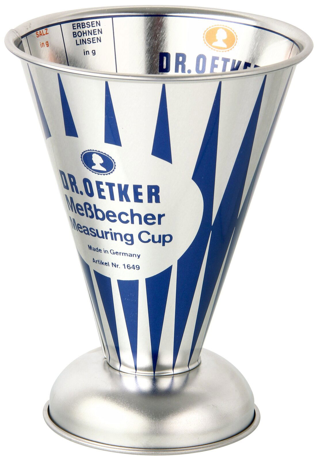 Dr. Oetker Messbecher 0,5L NOSTALGIE Nostalgischer 0,5L Messbecher aus Metall mit blauer und weißer Beschriftung, seitliche Perspektive