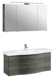 Moderner Badblock mit Spiegelschrank und Waschbeckenunterschrank in Holzoptik, Frontalansicht
