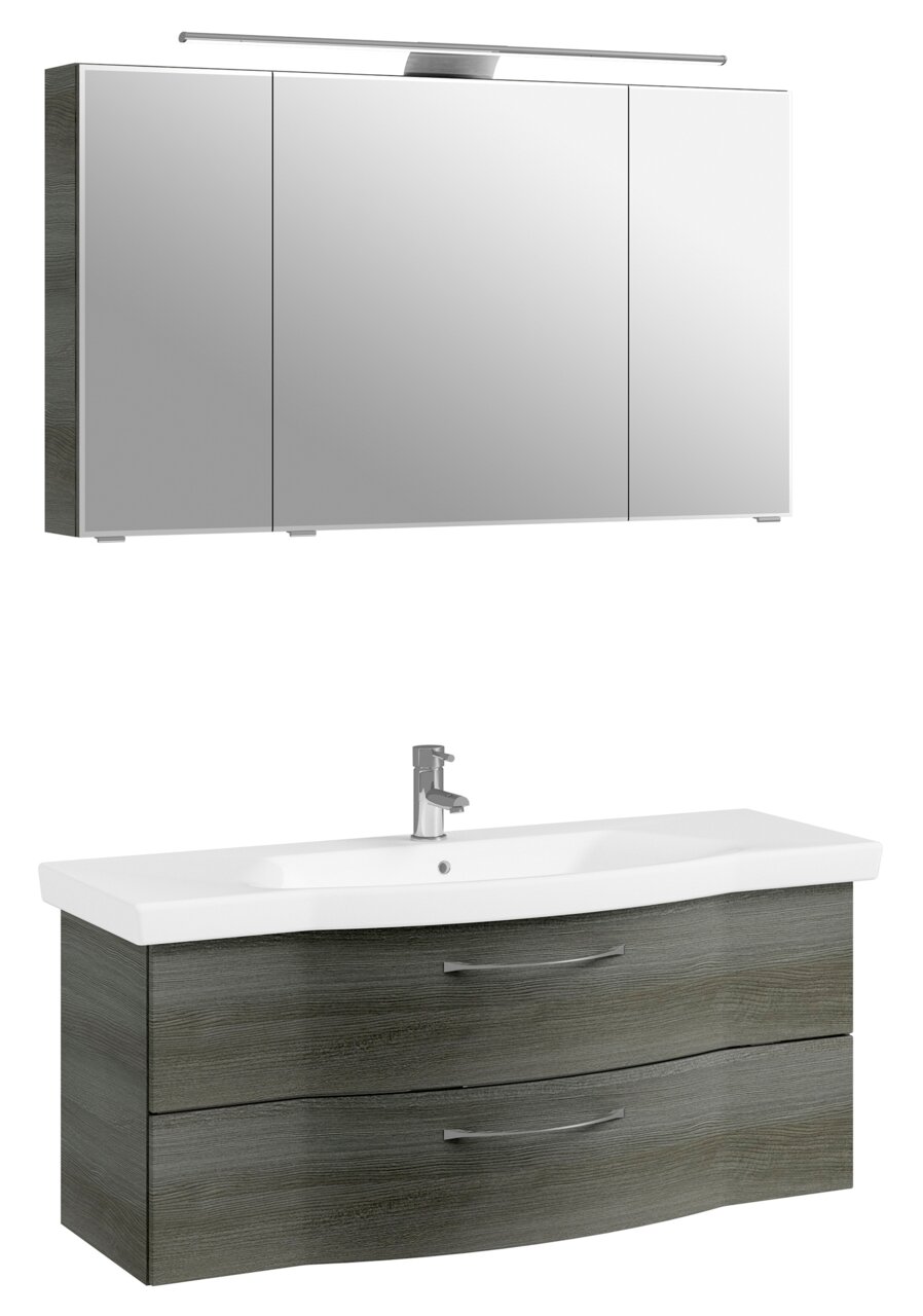 Moderner Badblock mit Spiegelschrank und Waschbeckenunterschrank in Holzoptik, Frontalansicht