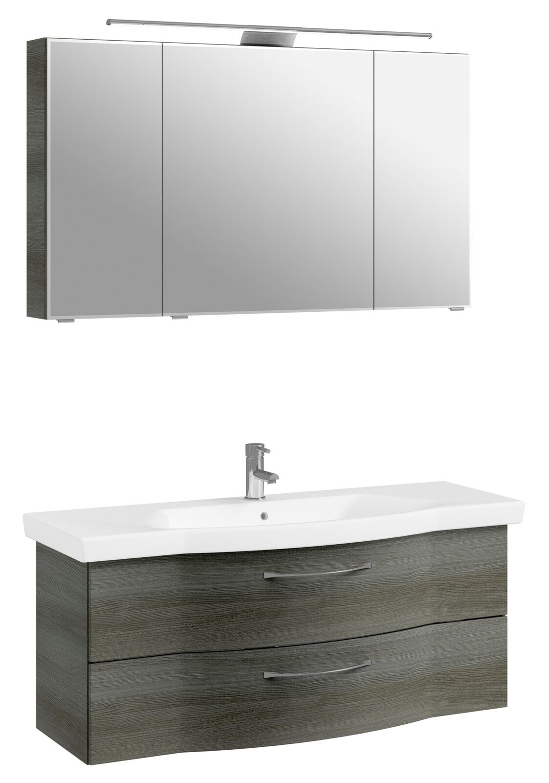 Modern badkamermeubel met spiegelkast en wastafelonderkast in houtlook, vooraanzicht