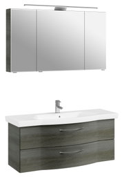 Moderner Badblock mit Spiegelschrank und Waschbeckenunterschrank in Holzoptik, Frontalansicht