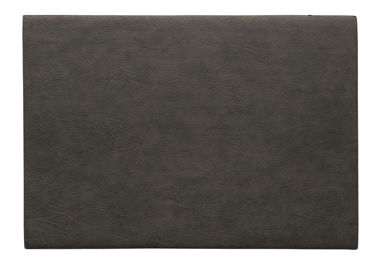 Bovenaanzicht van een donkergrijs placemat met een leerachtige structuur.