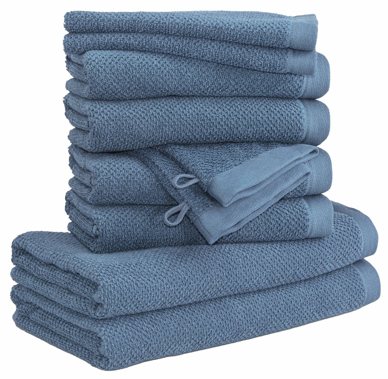 Ein Stapel von blauen Handtüchern, seitliche Perspektive