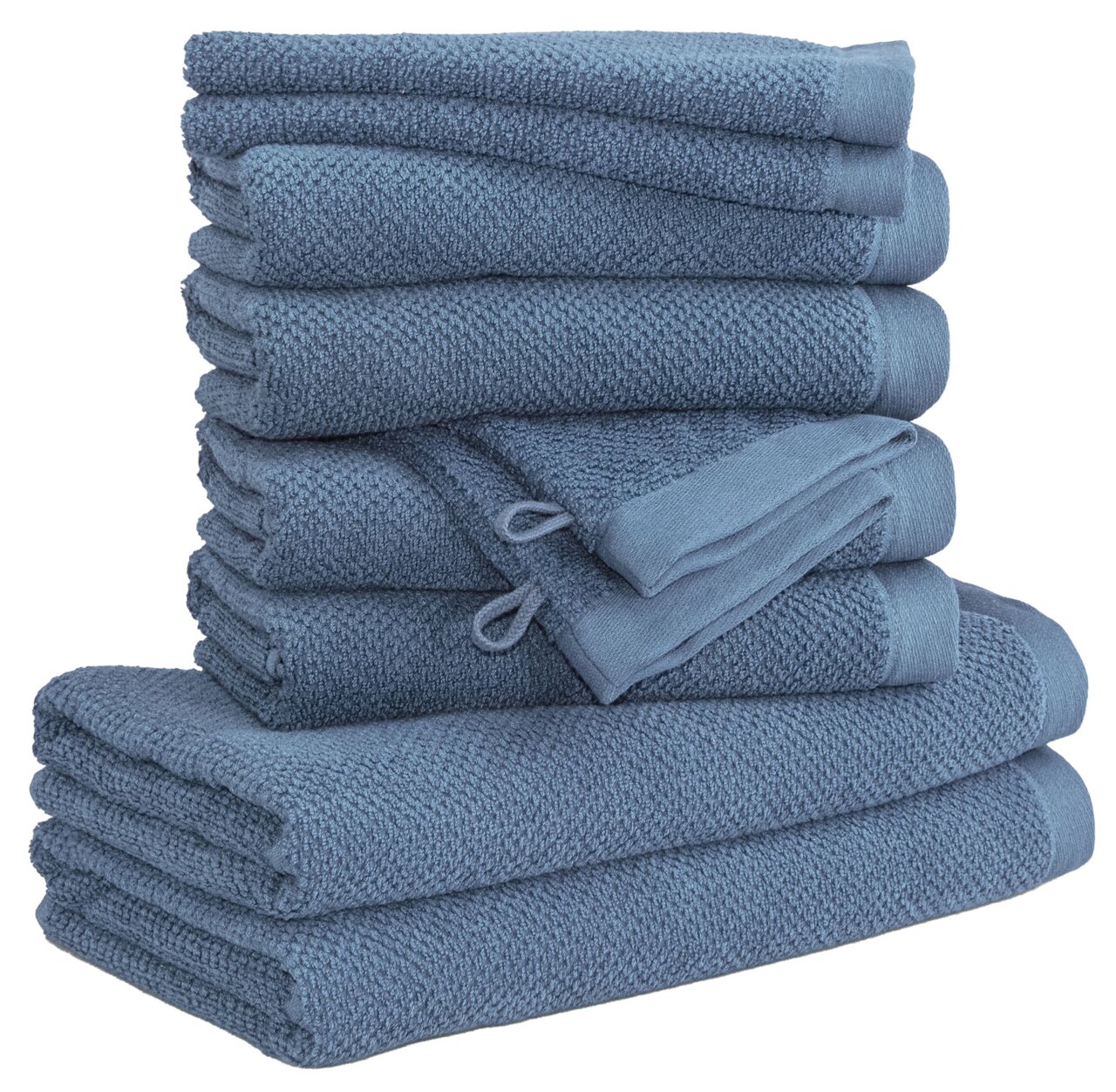 MÖVE Handtuchset 10-tlg. BLISS Ein Stapel von blauen Handtüchern, seitliche Perspektive