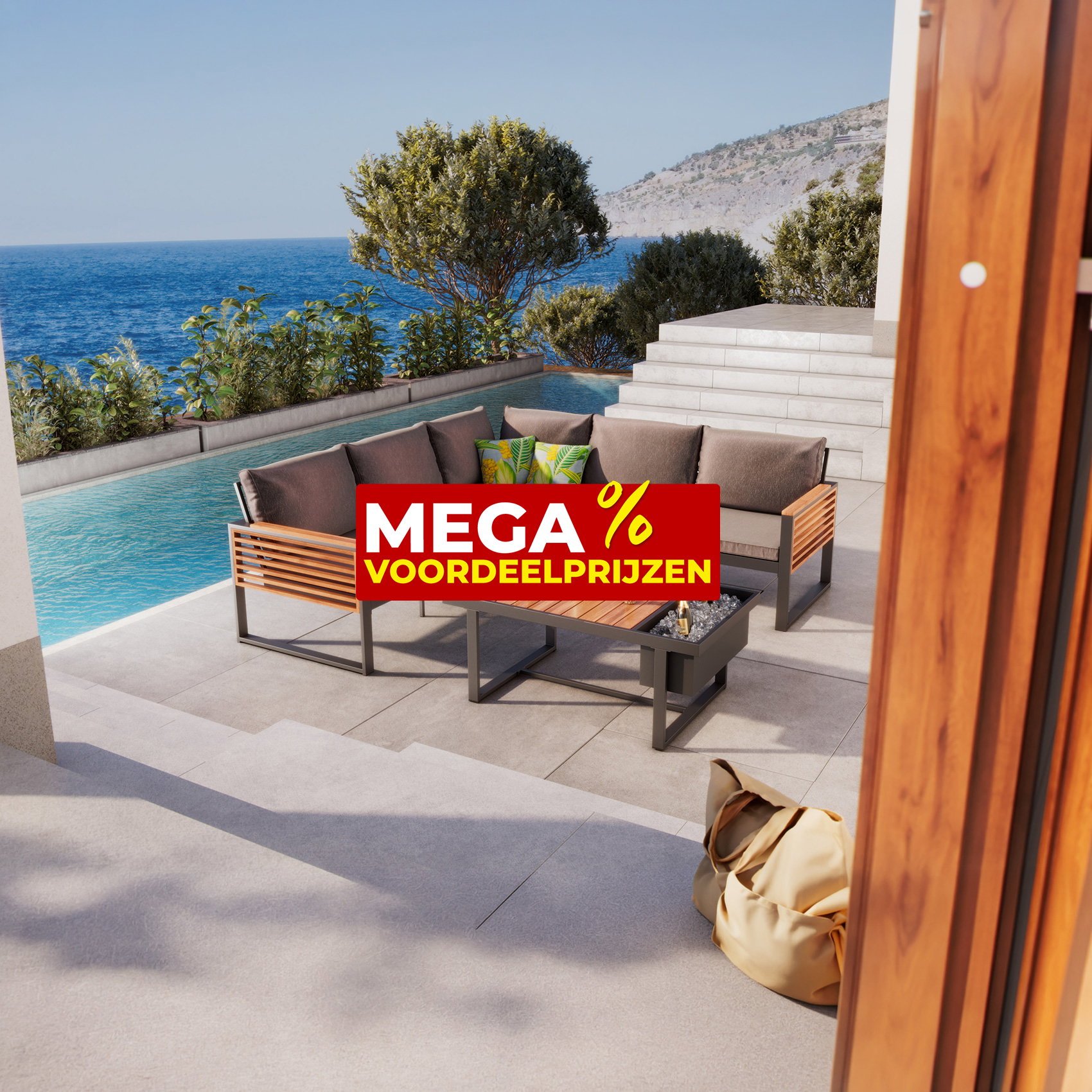 Loungeset op terras met zeezicht, zwembad en mega spaarprijzen-actie in moderne vakantiesfeer.