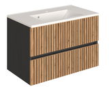 Waschtisch-Set mit modernem Holzdesign und weißem Waschbecken, seitliche Perspektive