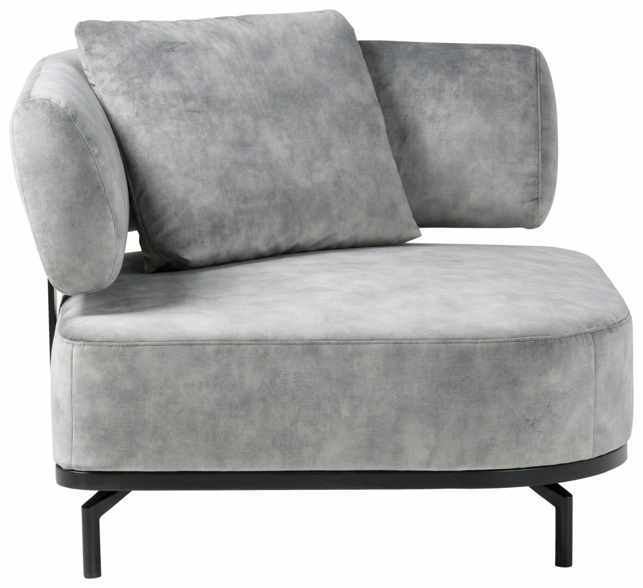 Grauer Sessel mit modernem Design, seitliche Perspektive