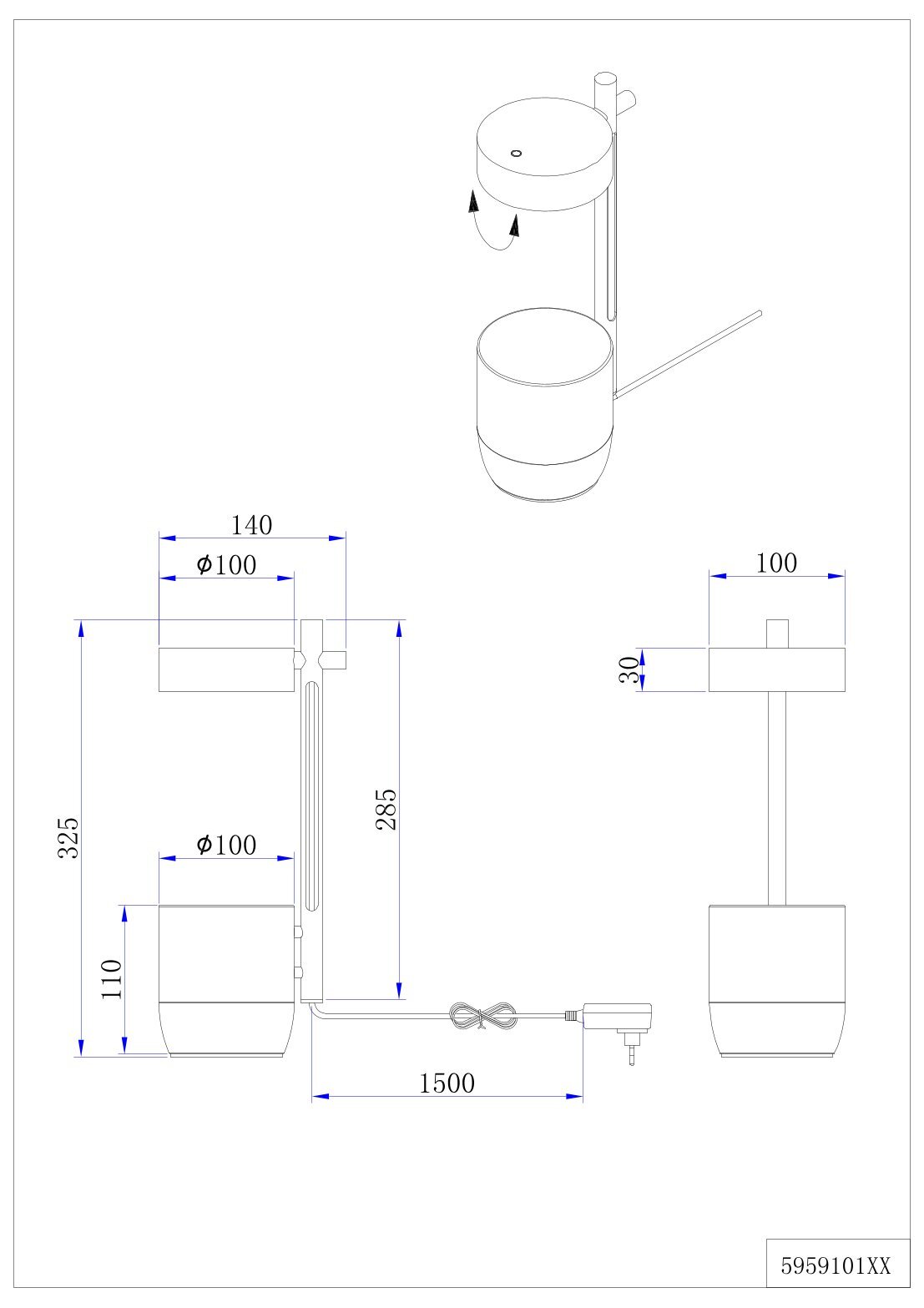 Technische tekening van een wandgemonteerde toiletborstelset met ronde houder en borstel, inclusief maatvoering (o.a. Ø100, hoogte ca. 325 mm) en 1500 mm kabel; getoond in isometrisch 3D-aanzicht en in zij- en vooraanzicht.