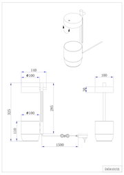 Technische tekening van een wandgemonteerde toiletborstelset met ronde houder en borstel, inclusief maatvoering (o.a. Ø100, hoogte ca. 325 mm) en 1500 mm kabel; getoond in isometrisch 3D-aanzicht en in zij- en vooraanzicht.