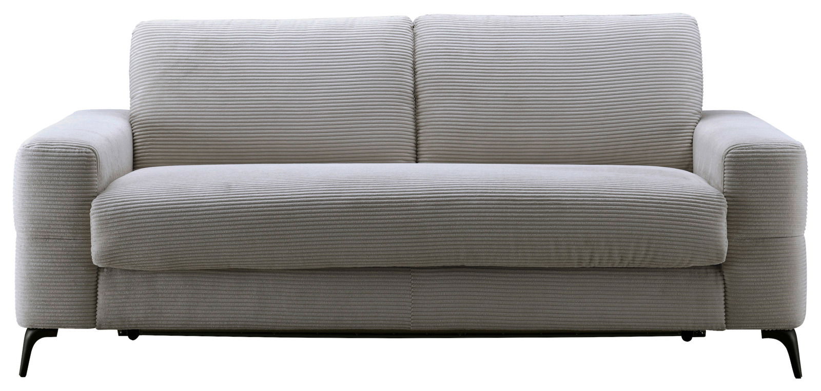 Z2 Schlafsofa KAMILA Frontale Ansicht eines modernen, grauen Funktionssofas mit geripptem Stoffbezug und schwarzen Metallfüßen.