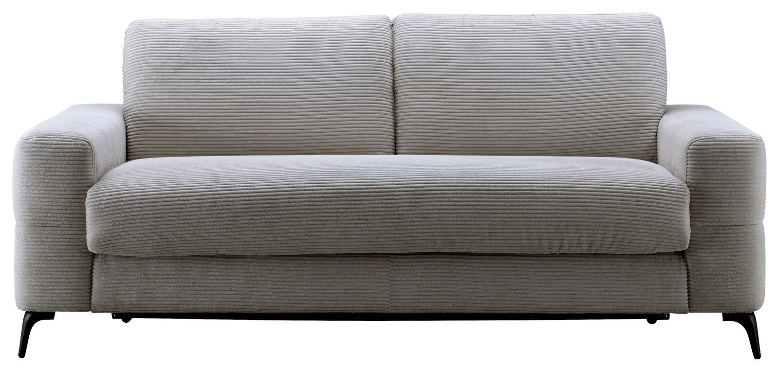 Z2 Schlafsofa KAMILA Frontale Ansicht eines modernen, grauen Funktionssofas mit geripptem Stoffbezug und schwarzen Metallfüßen.