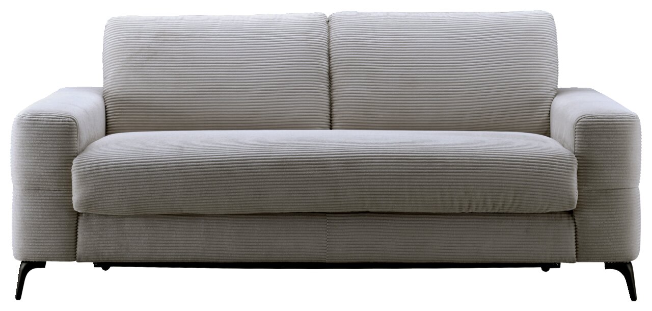 Z2 Schlafsofa KAMILA Frontale Ansicht eines modernen, grauen Funktionssofas mit geripptem Stoffbezug und schwarzen Metallfüßen.