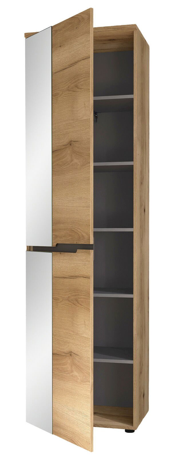 Moderner Garderobenschrank aus Holz mit Spiegel, geöffnete Tür, seitliche Perspektive