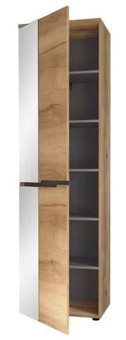 Moderne houten garderobekast met spiegel, open deur, zijaanzicht