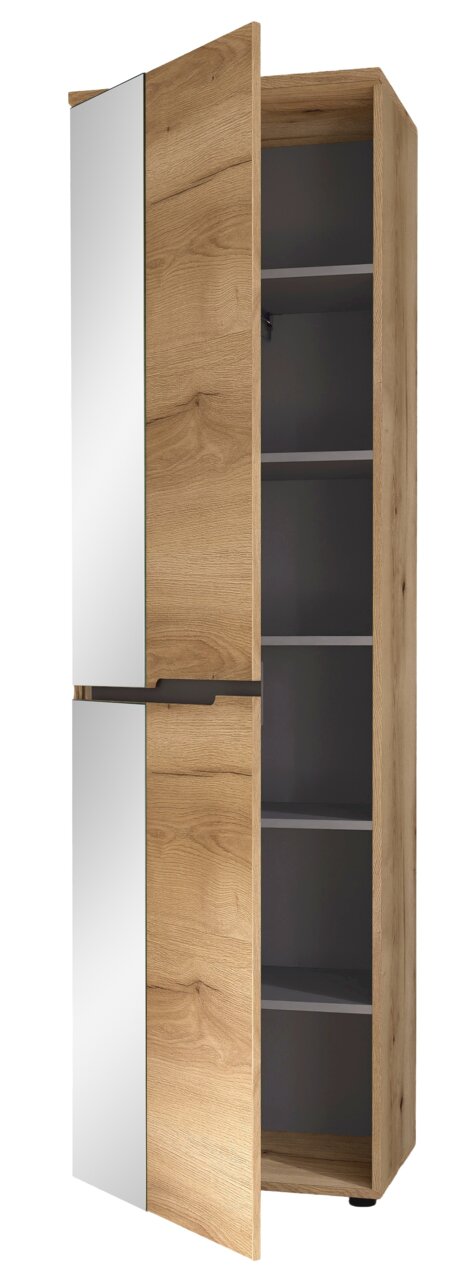 Moderne houten garderobekast met spiegel, open deur, zijaanzicht