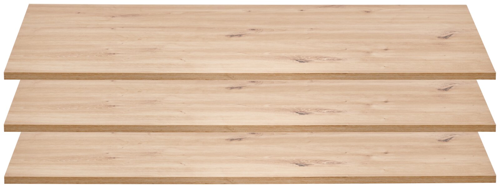 Drei rechteckige Holzplatten in heller Eichenoptik mit natürlicher Maserung, perspektivisch von schräg oben dargestellt