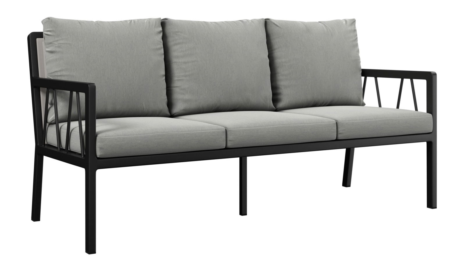 Amatio Gartenbank 3er ZAMORA Gartenbank 3er mit grauen Kissen und schwarzem Metallrahmen, seitliche Perspektive