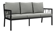 Gartenbank 3er mit grauen Kissen und schwarzem Metallrahmen, seitliche Perspektive