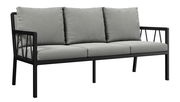 Gartenbank 3er mit grauen Kissen und schwarzem Metallrahmen, seitliche Perspektive