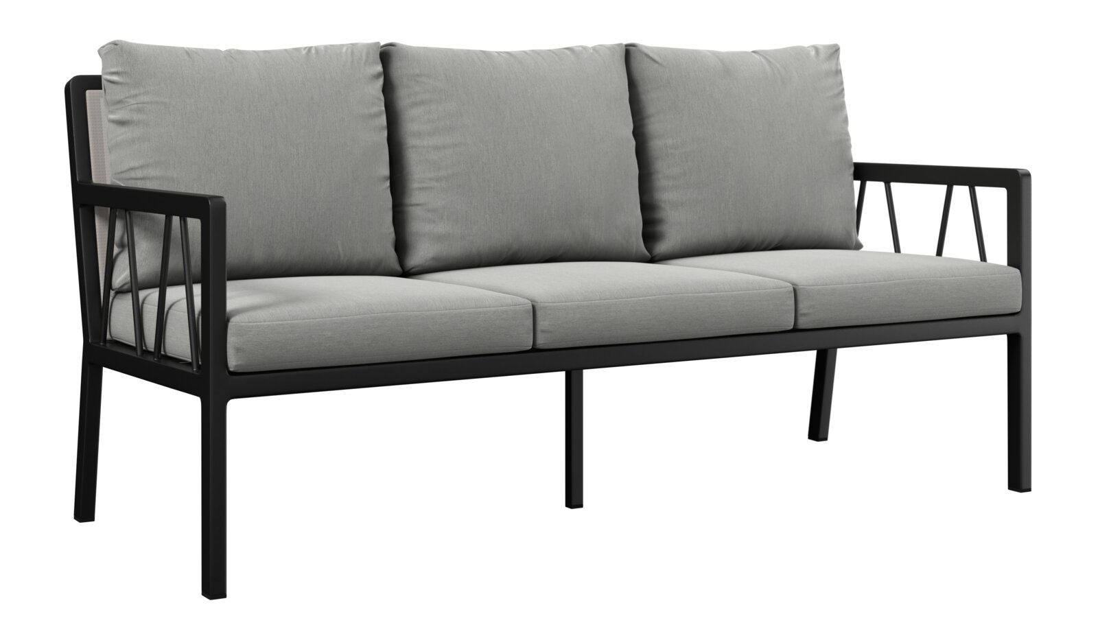 Gartenbank 3er mit grauen Kissen und schwarzem Metallrahmen, seitliche Perspektive
