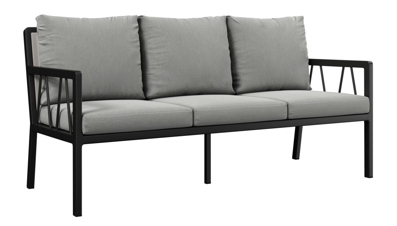 Amatio Gartenbank 3er ZAMORA Gartenbank 3er mit grauen Kissen und schwarzem Metallrahmen, seitliche Perspektive