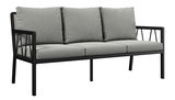 Gartenbank 3er mit grauen Kissen und schwarzem Metallrahmen, seitliche Perspektive