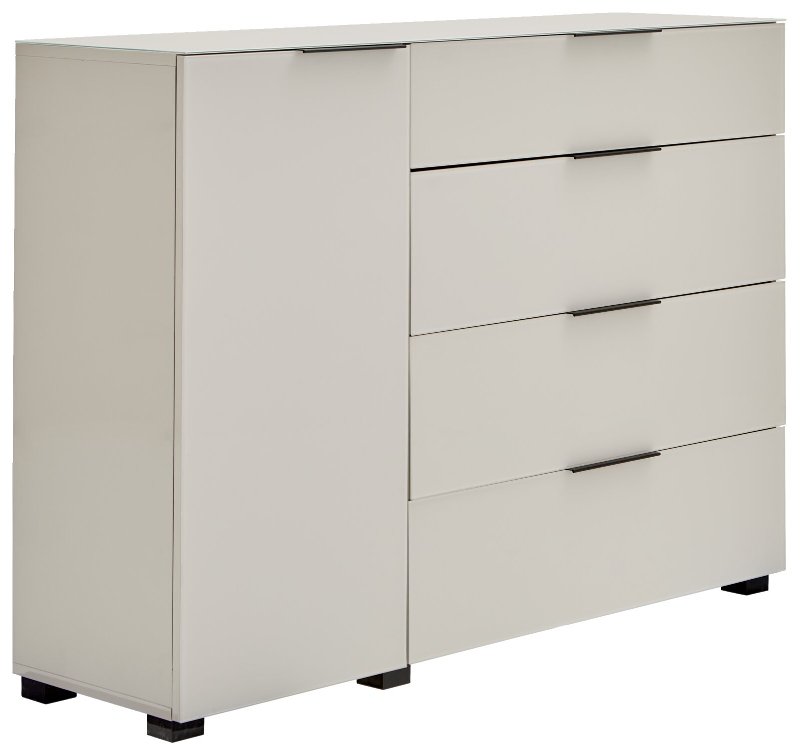 Novel Combinatiecommode MALIN 2.0 Modern, lichtgrijs dressoir met links een deur en rechts vier lades, zwarte handgrepen en zwarte poten, vrijstaand tegen een witte achtergrond, schuin van voren links gezien.