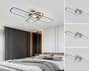 Moderne LED-Deckenleuchte in geometrischem Design, von unten betrachtet, in einem stilvollen Schlafzimmer montiert.