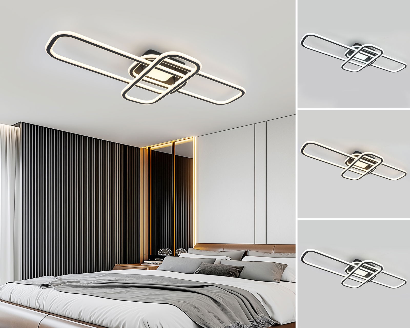 Moderne LED-Deckenleuchte in geometrischem Design, von unten betrachtet, in einem stilvollen Schlafzimmer montiert.