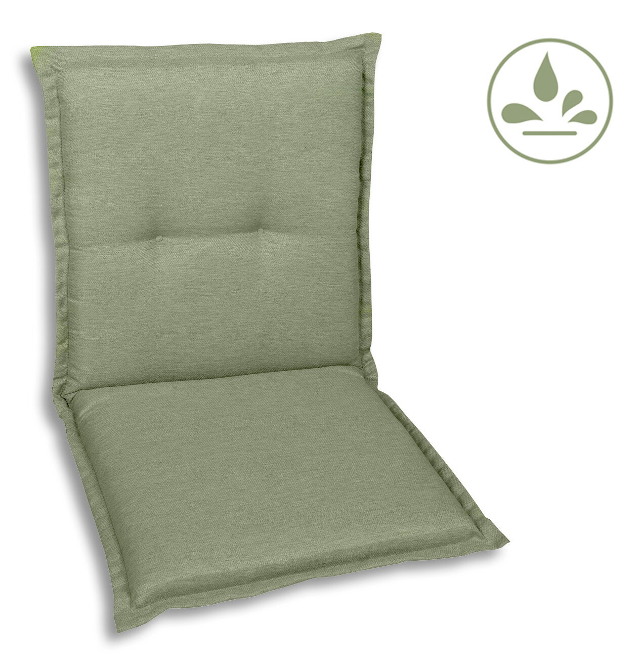 Go-De Sesselauflage Grüne Sesselauflage in Vorderansicht mit wasserabweisendem Symbol