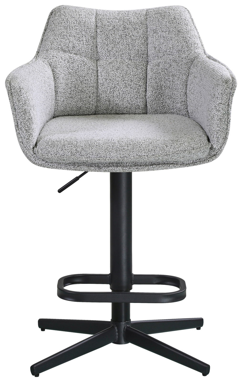 Grauer Barhocker mit gepolsterter Rückenlehne und Armlehnen, schwarzem Metallfuß und Fußstütze, Frontalansicht.