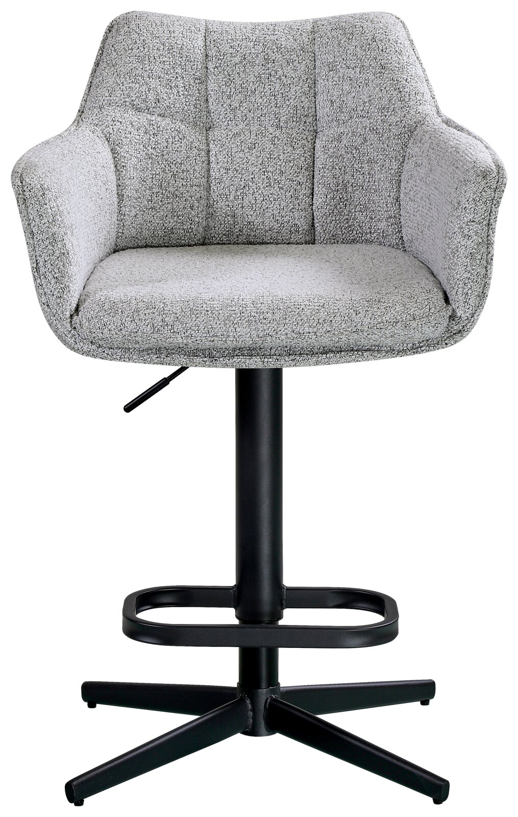 Grauer Barhocker mit gepolsterter Rückenlehne und Armlehnen, schwarzem Metallfuß und Fußstütze, Frontalansicht.